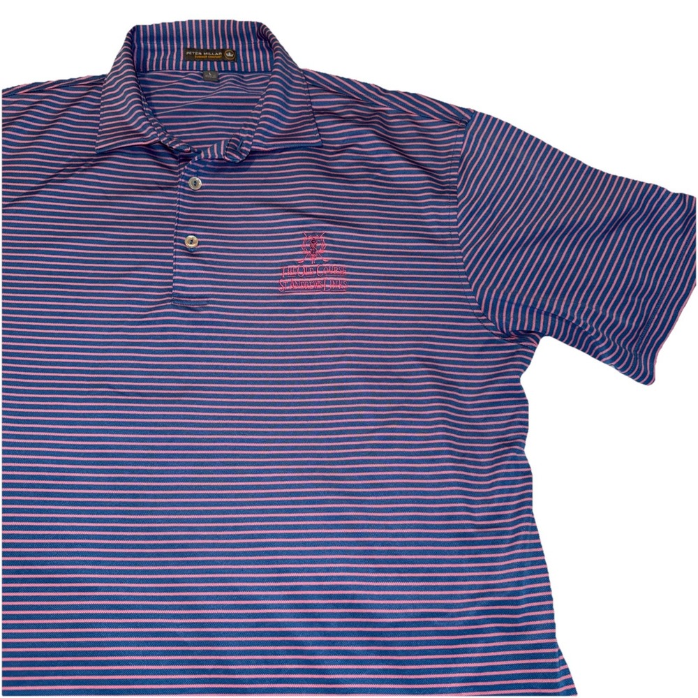 Peter Millar L Pink/Blue Striped Summer Comfort Polo St. Andrews Logo